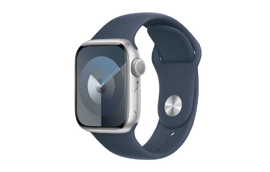 Apple Watch Series 9 GPS, 41mm Silver Aluminum Case with S/M Storm Blue Sport Band